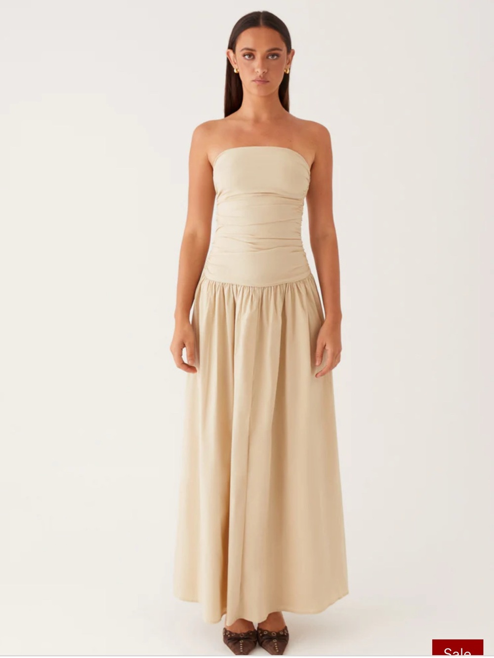 Peppermayo Carmel Strapless Ruched Maxi Drop Waist Dress Ivory Cream NWT